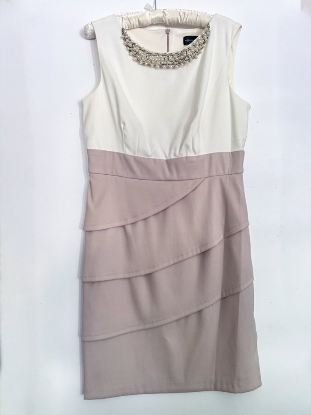 Connected Apparel Tan Blush & Ivory Dress Size 14 Pearl Neckline Tiered Sheath